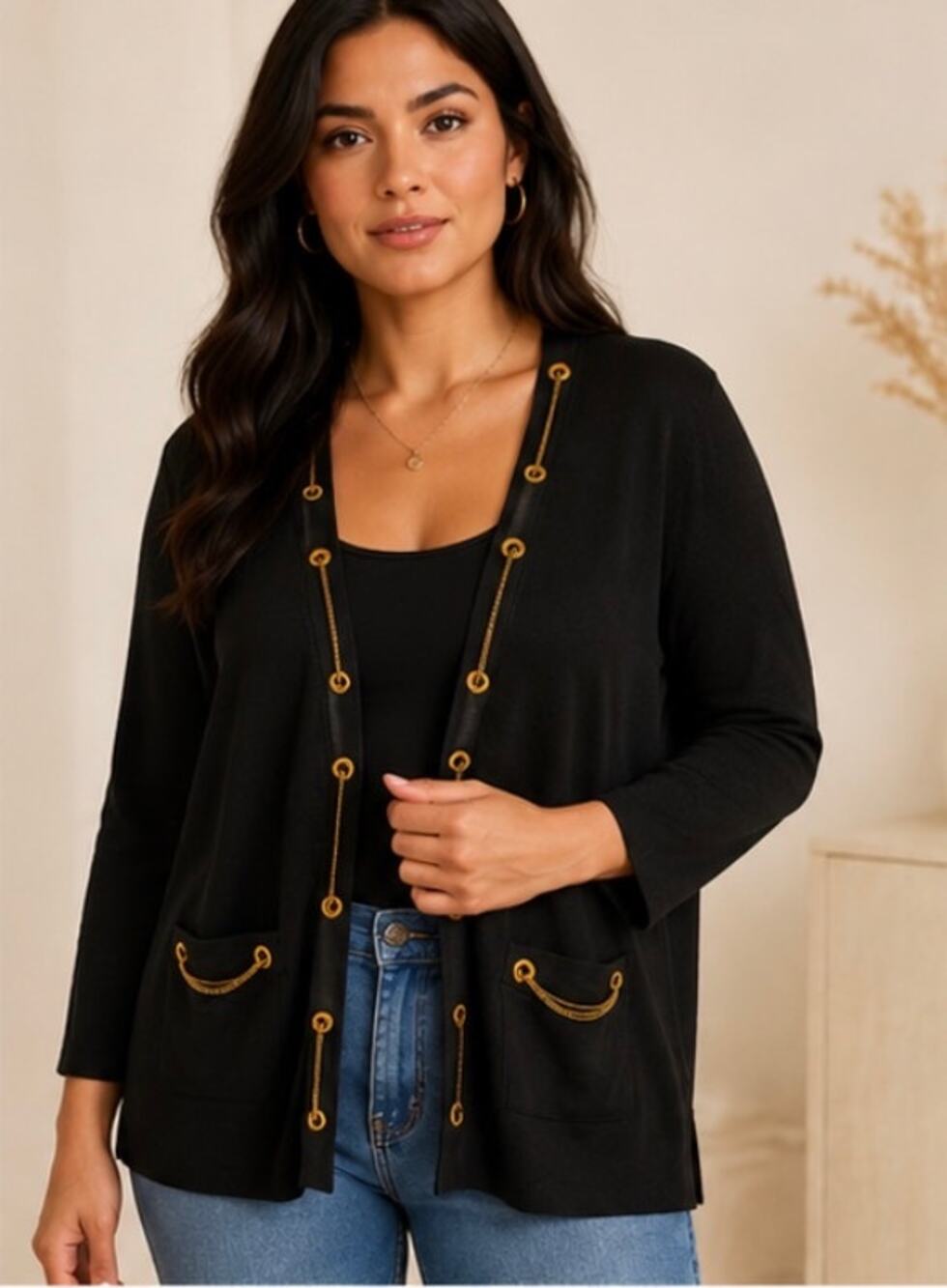 Carmen Marc Valvo Black Gold Chain Open Front Cardigan Sweater M-L- XL NWT